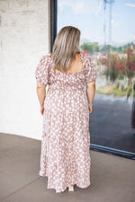 taupe ivory puff floral smocked maxi dress