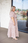 taupe ivory puff floral smocked maxi dress