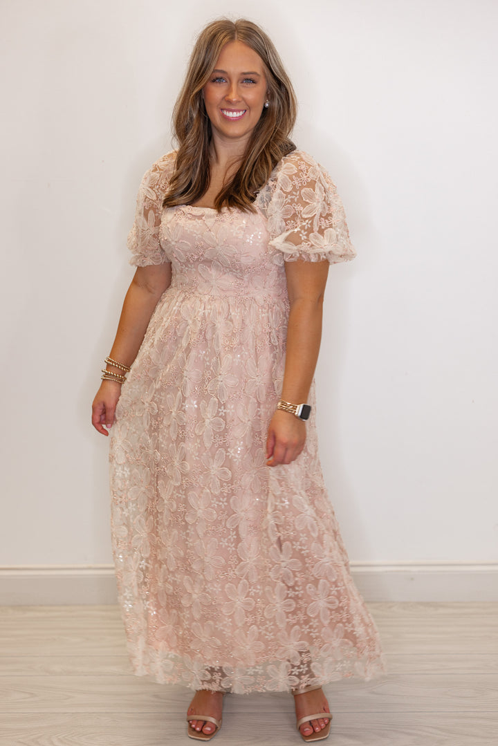 Women's dusty pink floral midi dress with sequins and gold metallic details by In February