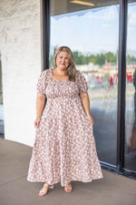 taupe ivory puff floral smocked maxi dress