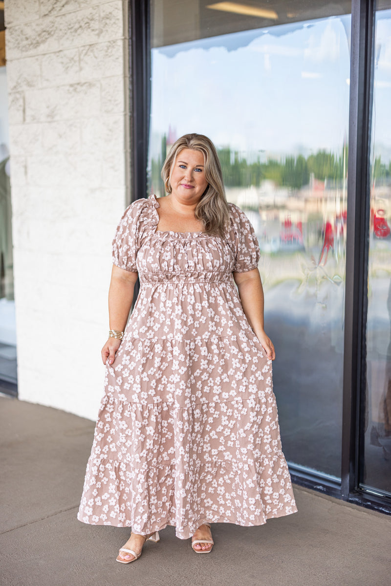 taupe ivory puff floral smocked maxi dress