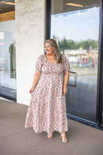 taupe ivory puff floral smocked maxi dress