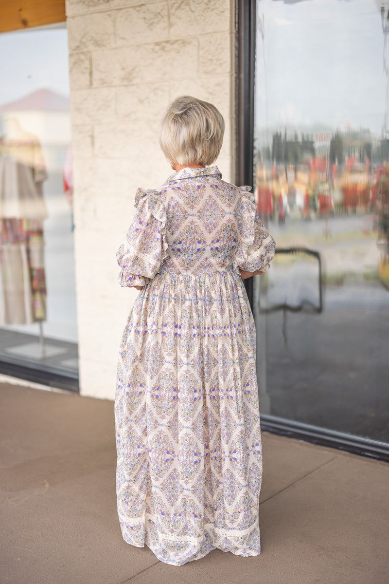 fall lavender paisley maxi dress