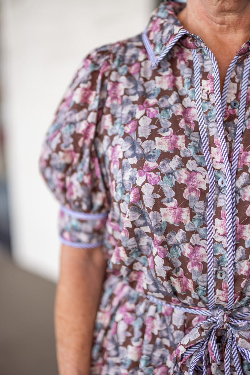 brown mauve floral fall midi dress