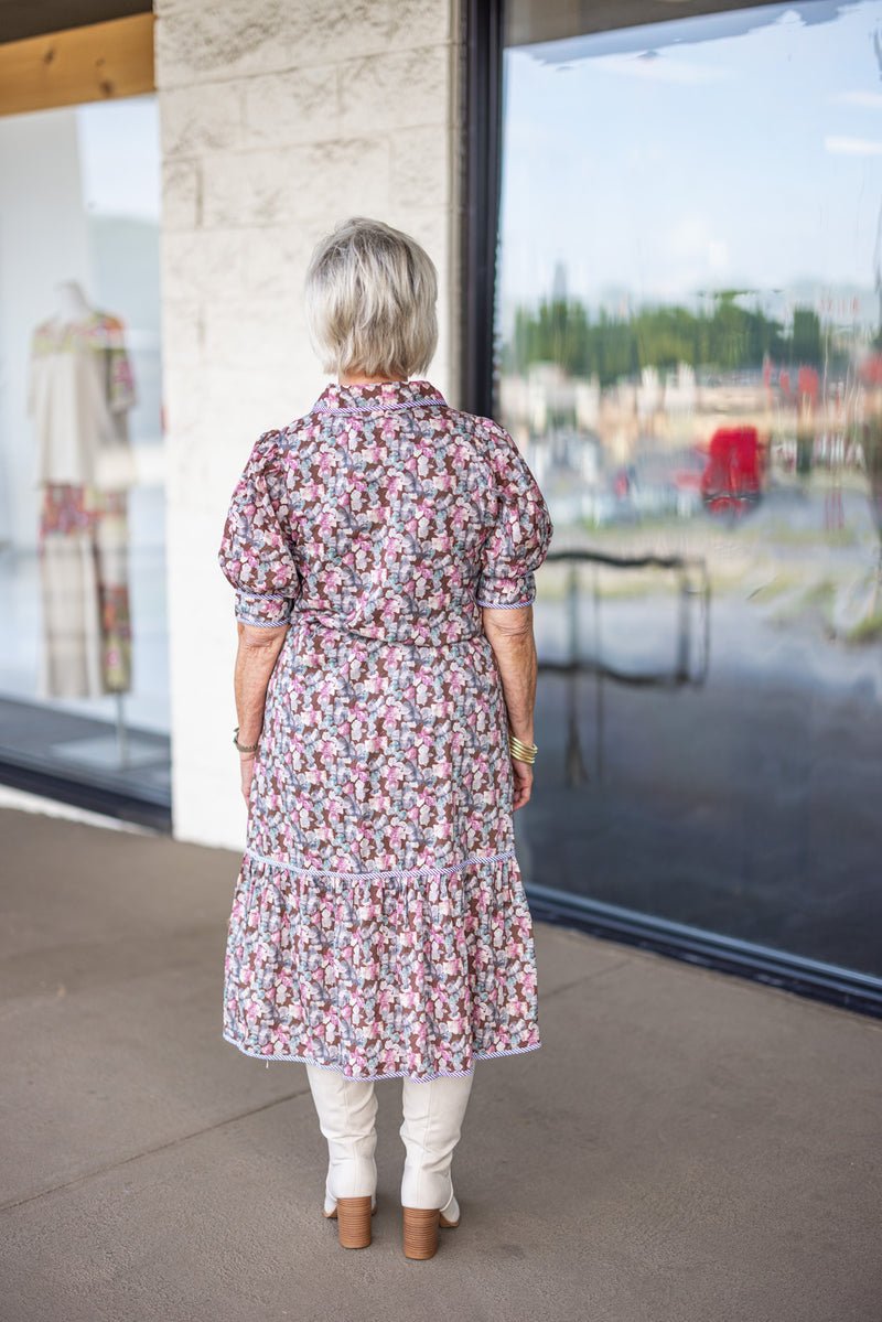 brown mauve floral fall midi dress