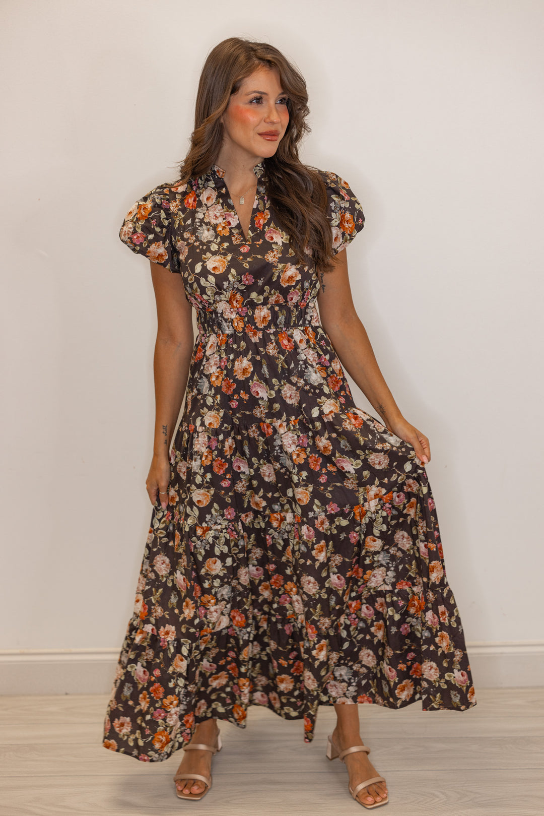 Women's chocolate brown midi dress with empire waist and multicolor floral print by Entro