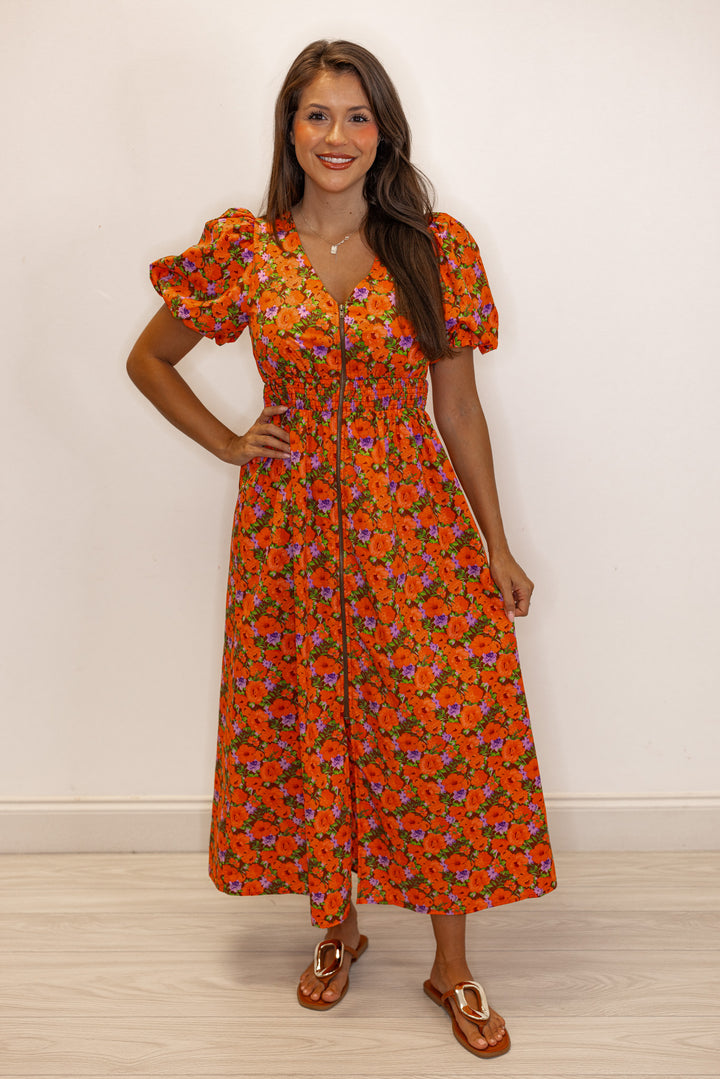 Women's zipper front midi dress with rust, brown and purple floral print by Fantastic Fawn