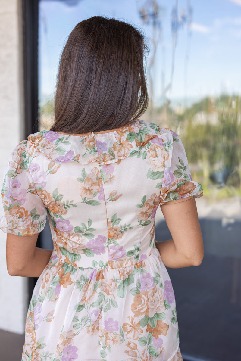 vintage cream fall floral tiered midi dress