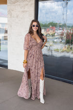 brown sheer overlay side slit maxi dress