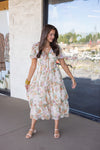 vintage cream fall floral tiered midi dress