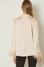 feather sleeve natural button up satin top