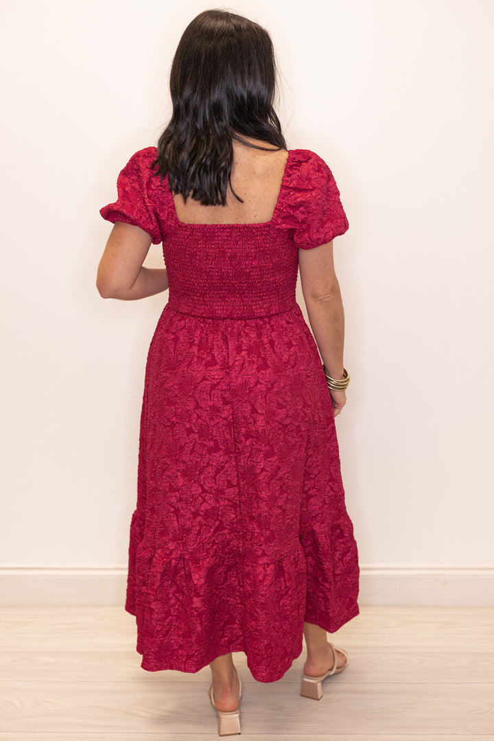 Jacie Jacquard Burgundy Midi Dress