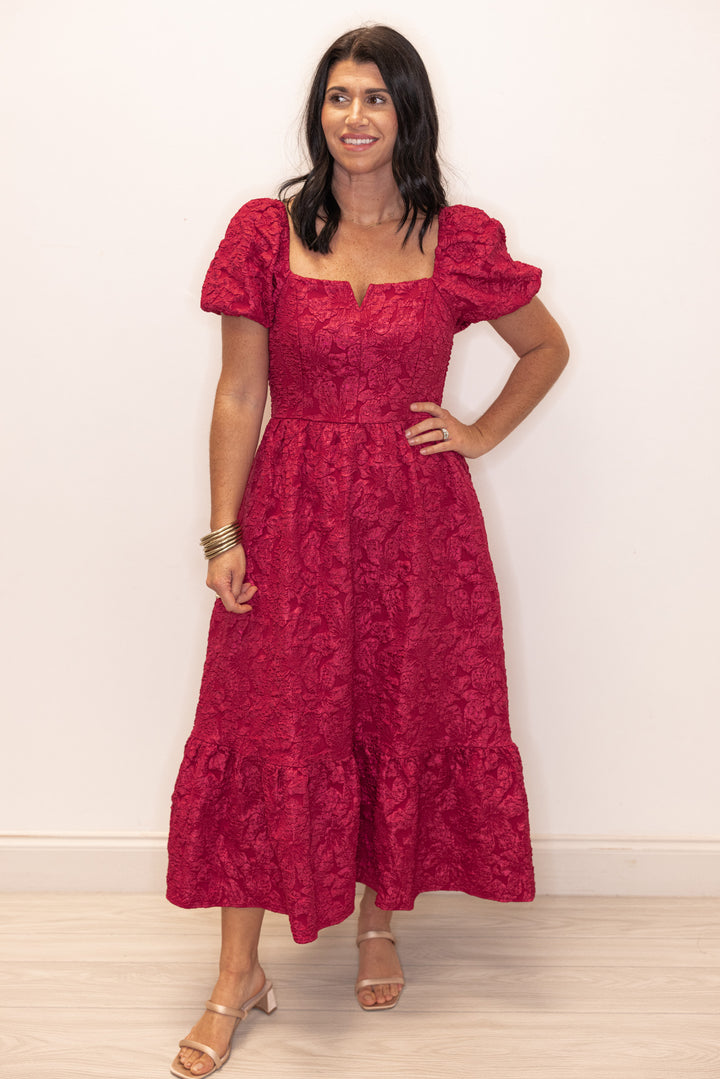 Jacie Jacquard Burgundy Midi Dress