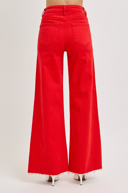 Risen Jeans fiesta red denim wide leg palazzo jeans with tummy control showing back view