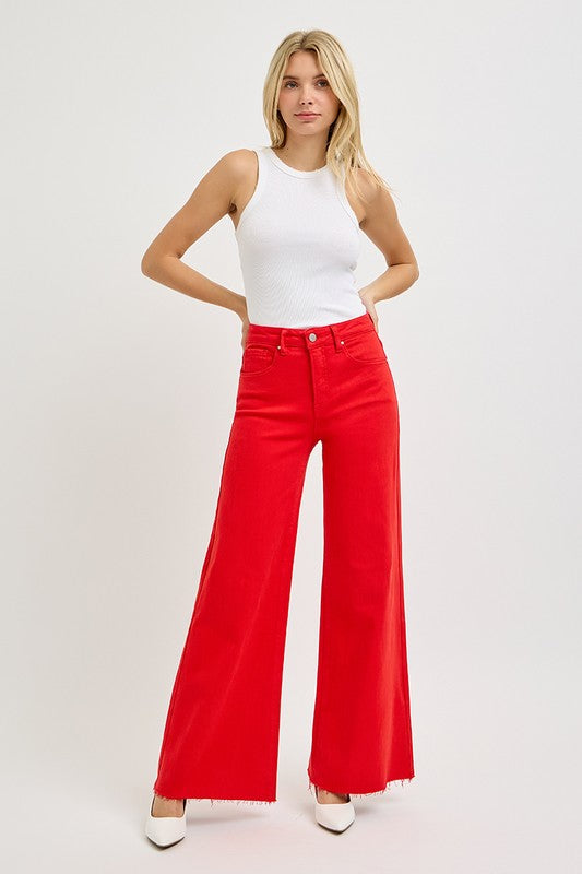 Risen Jeans fiesta red denim wide leg palazzo jeans with tummy control showing full front view