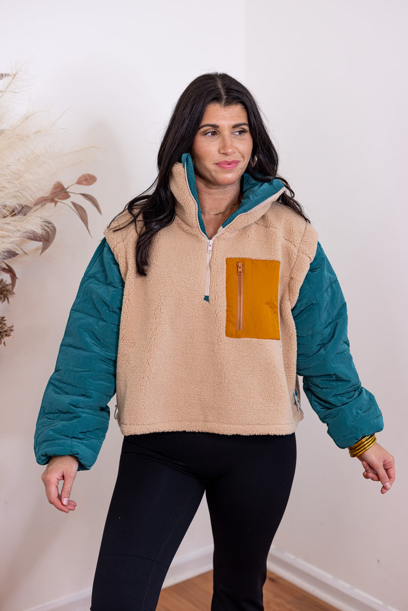 tan fleece sherpa quarter zip pullover