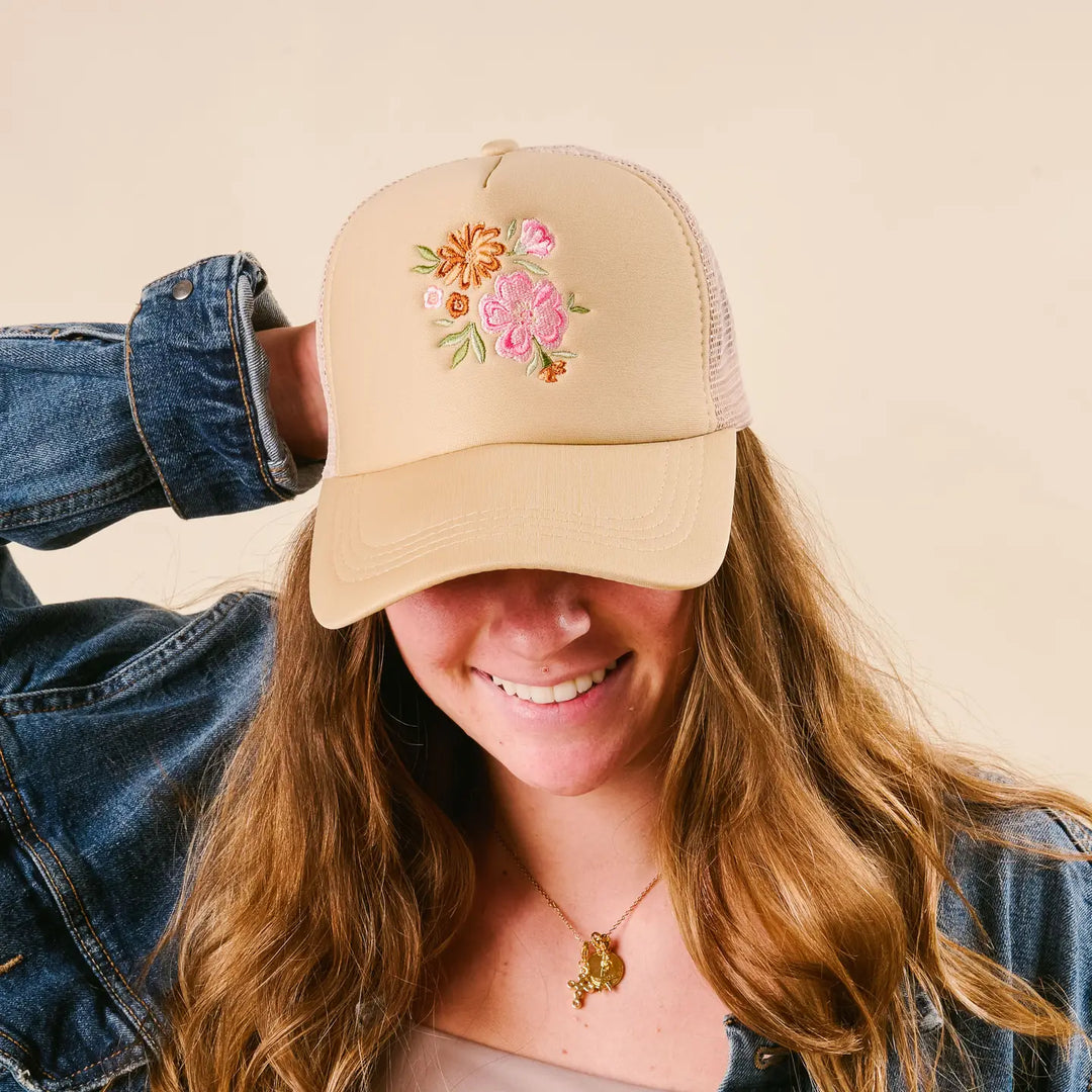 floral beige trucker hat