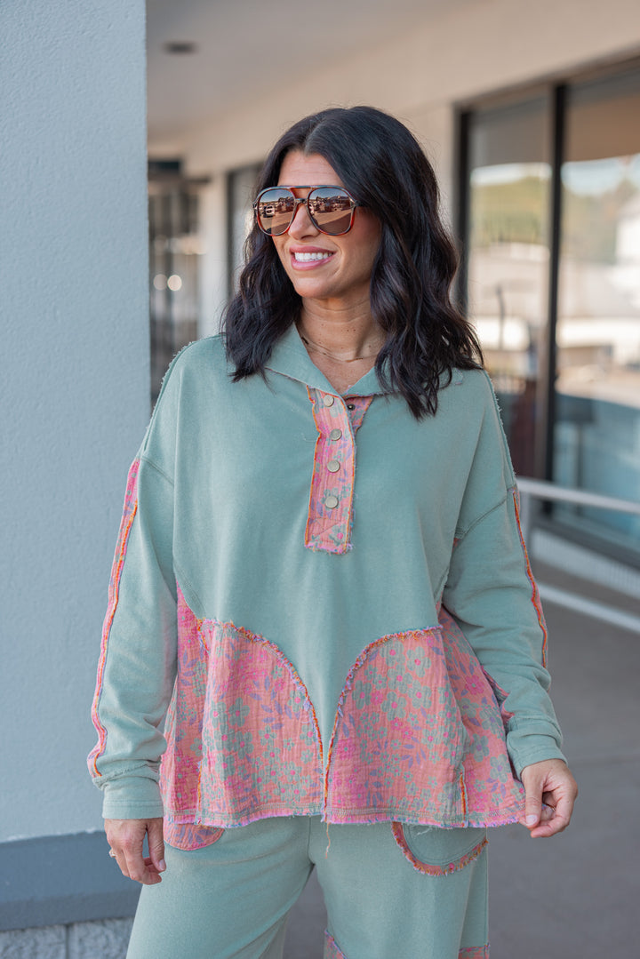 Women's french terry knit sage pullover top with frayed floral patch gauze details by Easel