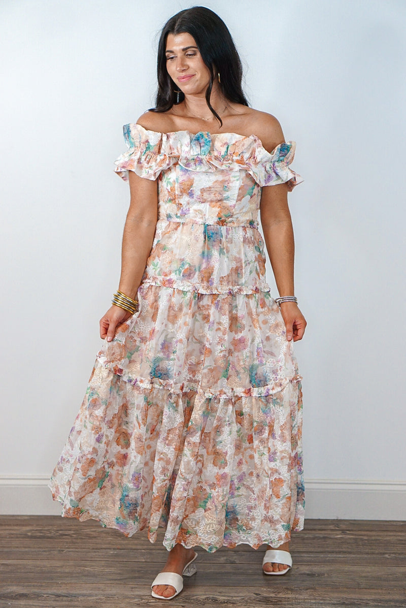 watercolor off shoulder maxi dress