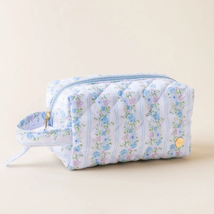floral fancy blue quilted cosmetic case pouch