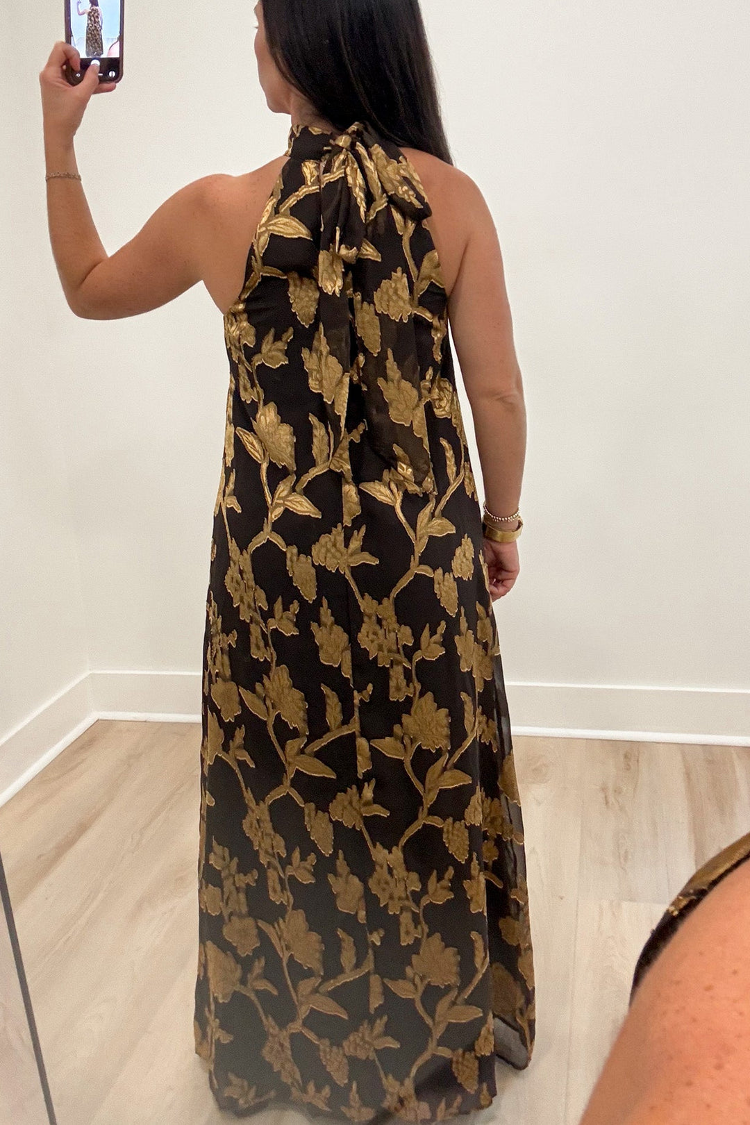 floral jacquard gold brown maxi dress halter tie