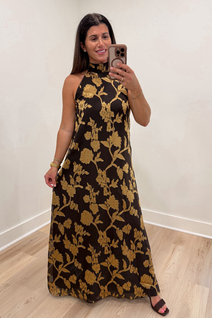 floral jacquard gold brown maxi dress flowy