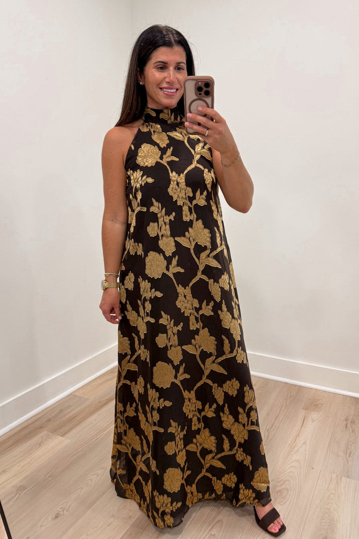 floral jacquard gold brown maxi dress