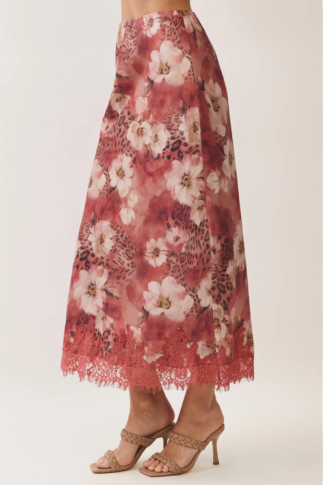 floral leopard print satin midi skirt mauve