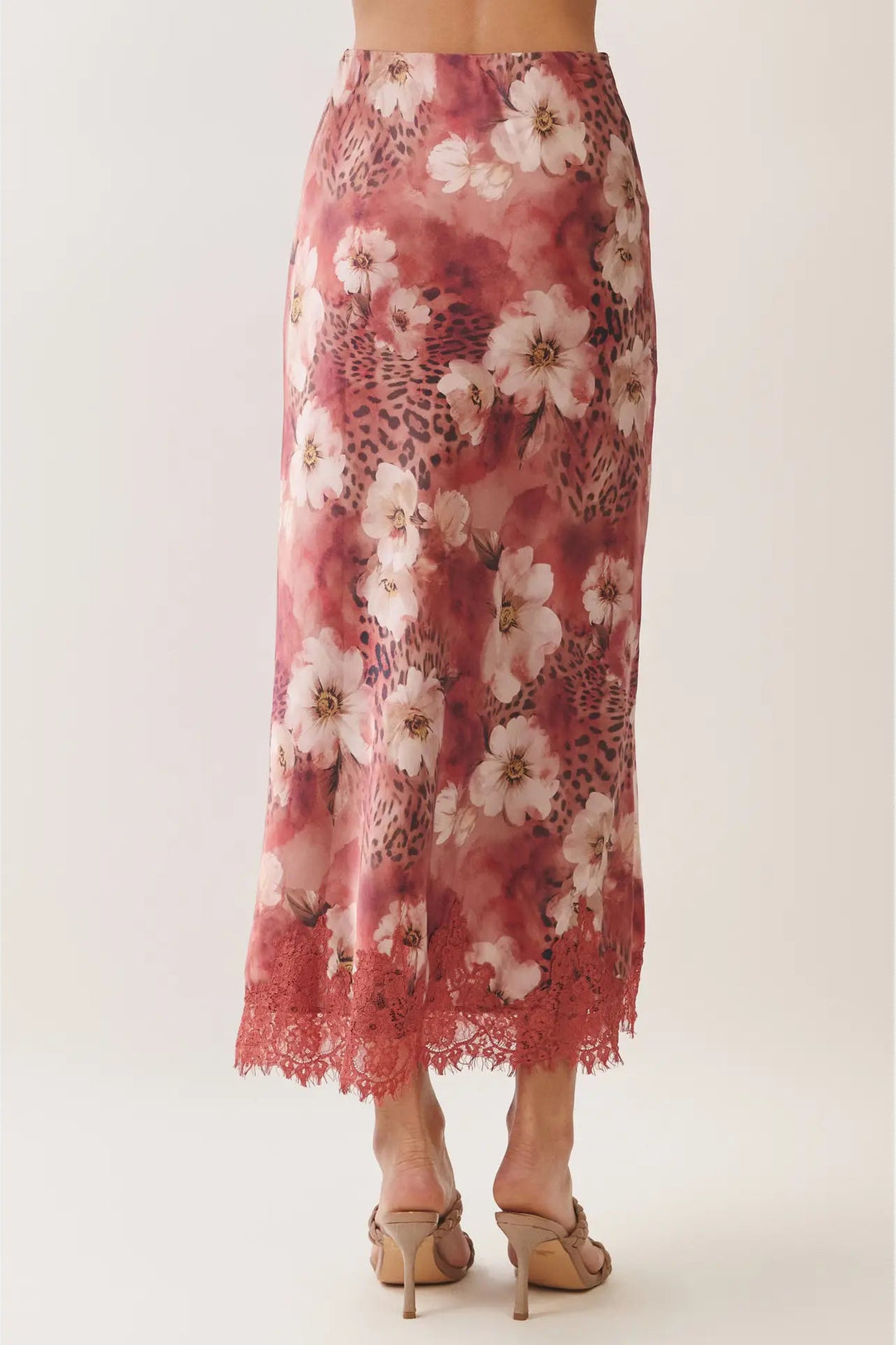 floral leopard print satin midi skirt rust