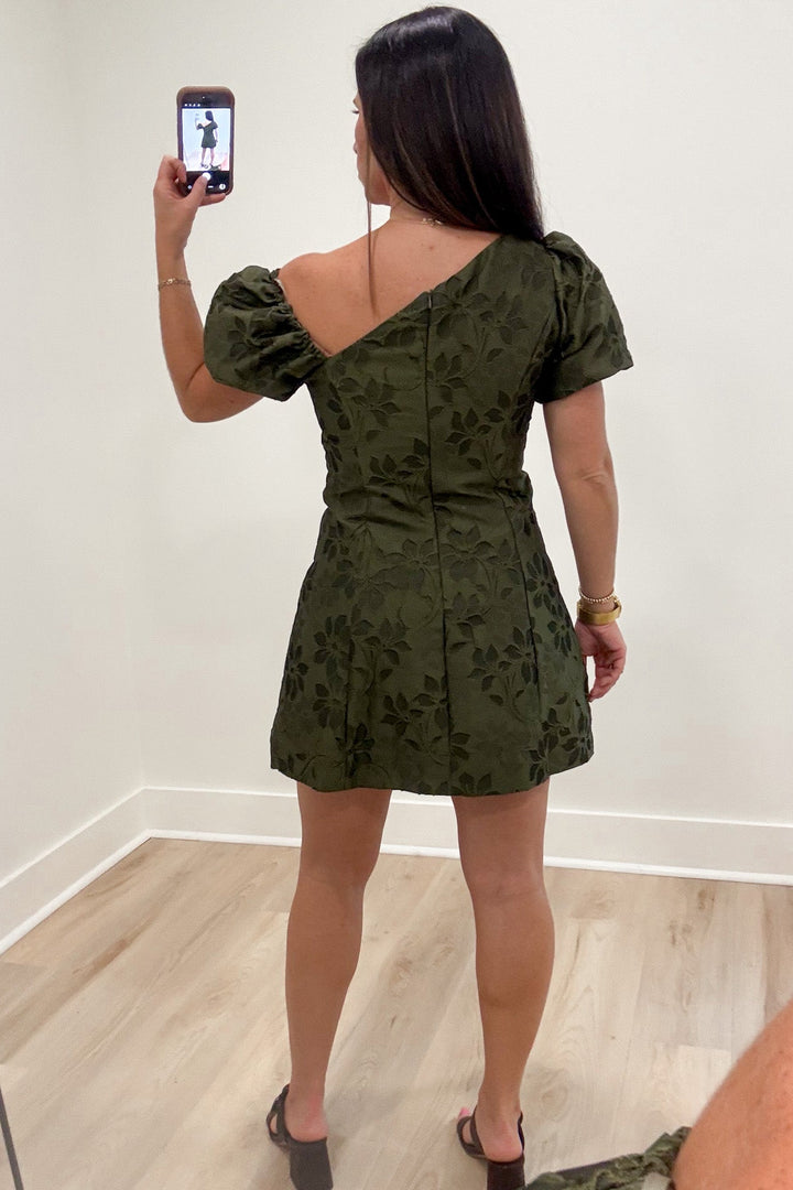 olive floral Jacquard mini dress back