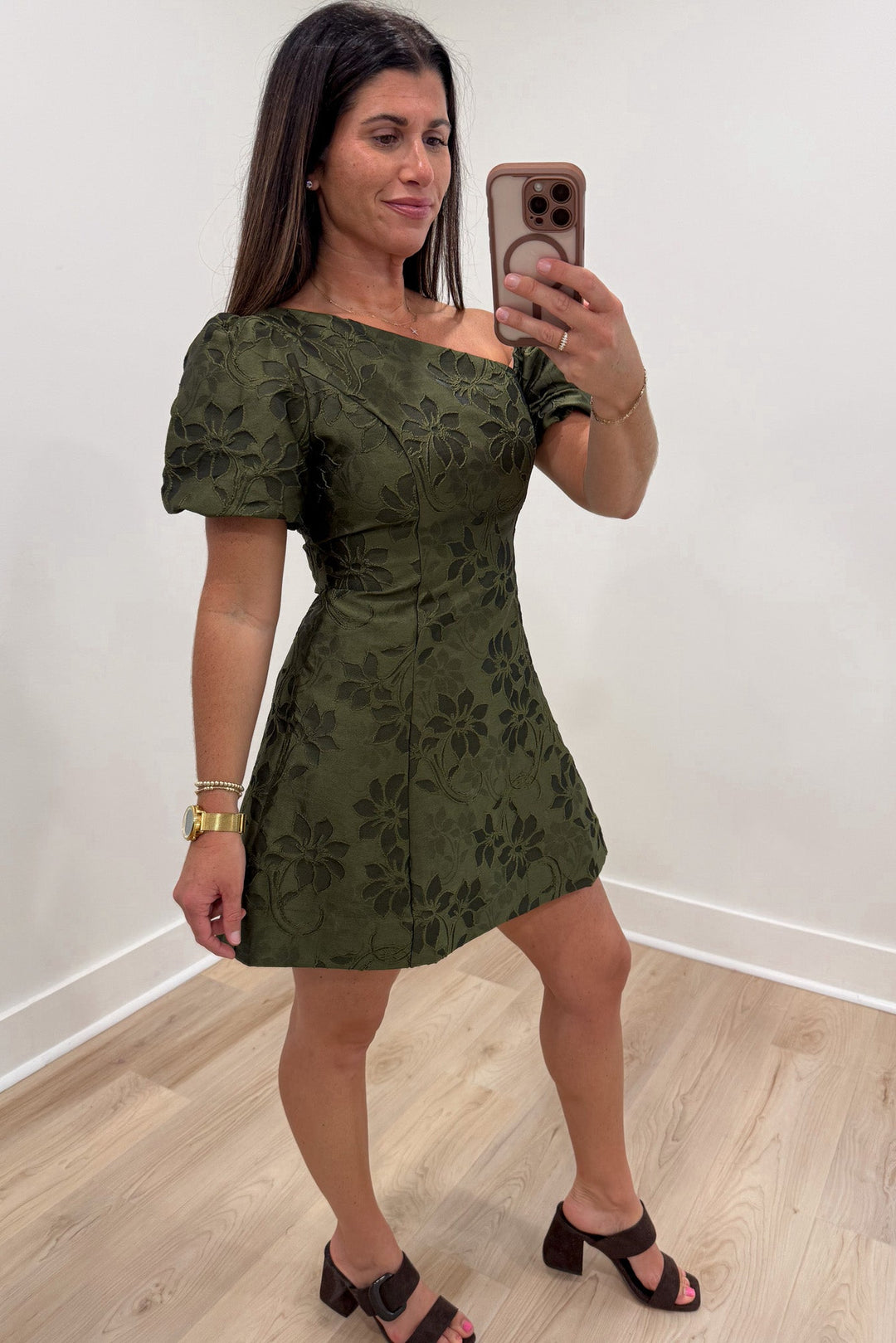 olive floral Jacquard mini dress formal dress