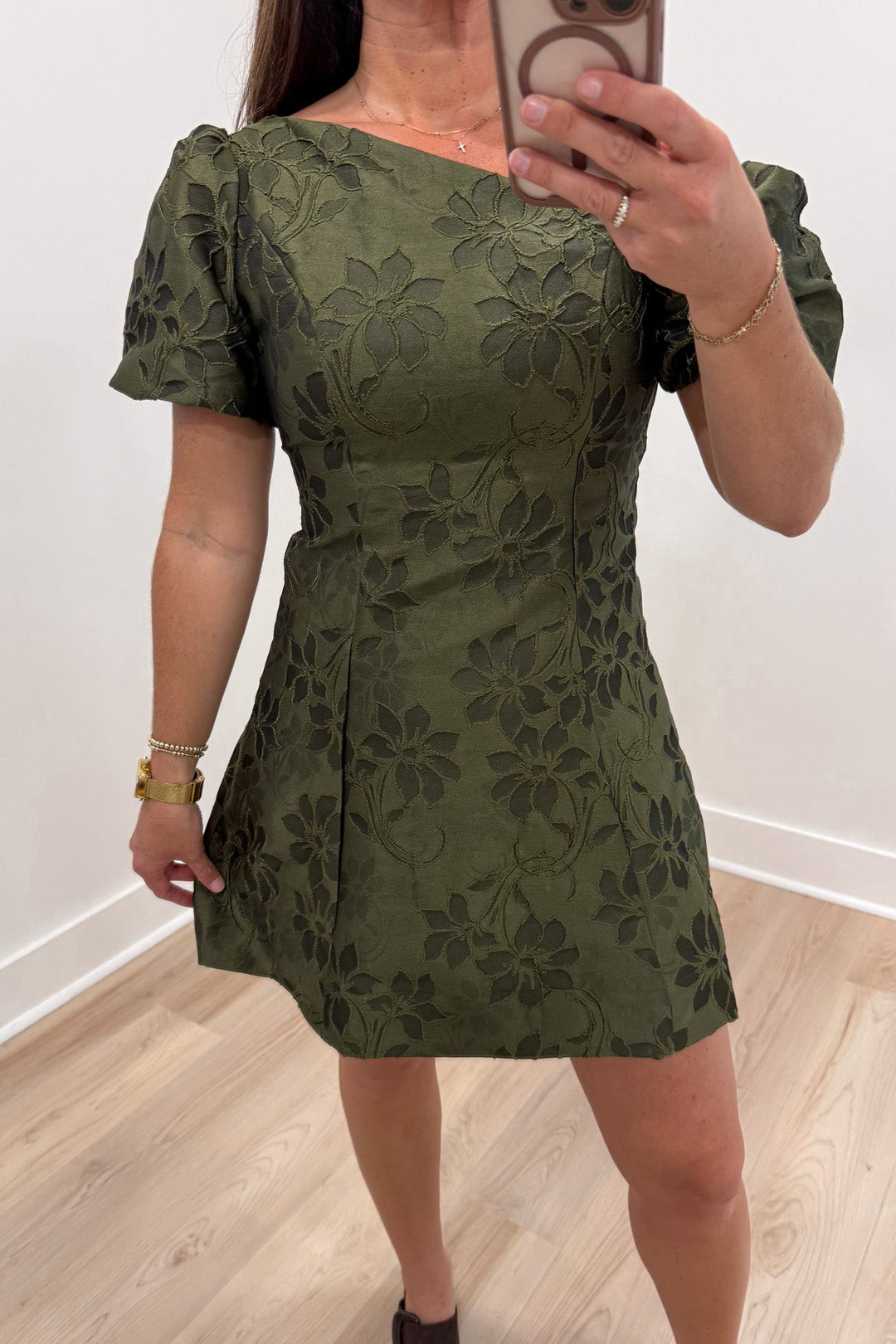 olive floral Jacquard mini dress wedding guest dress