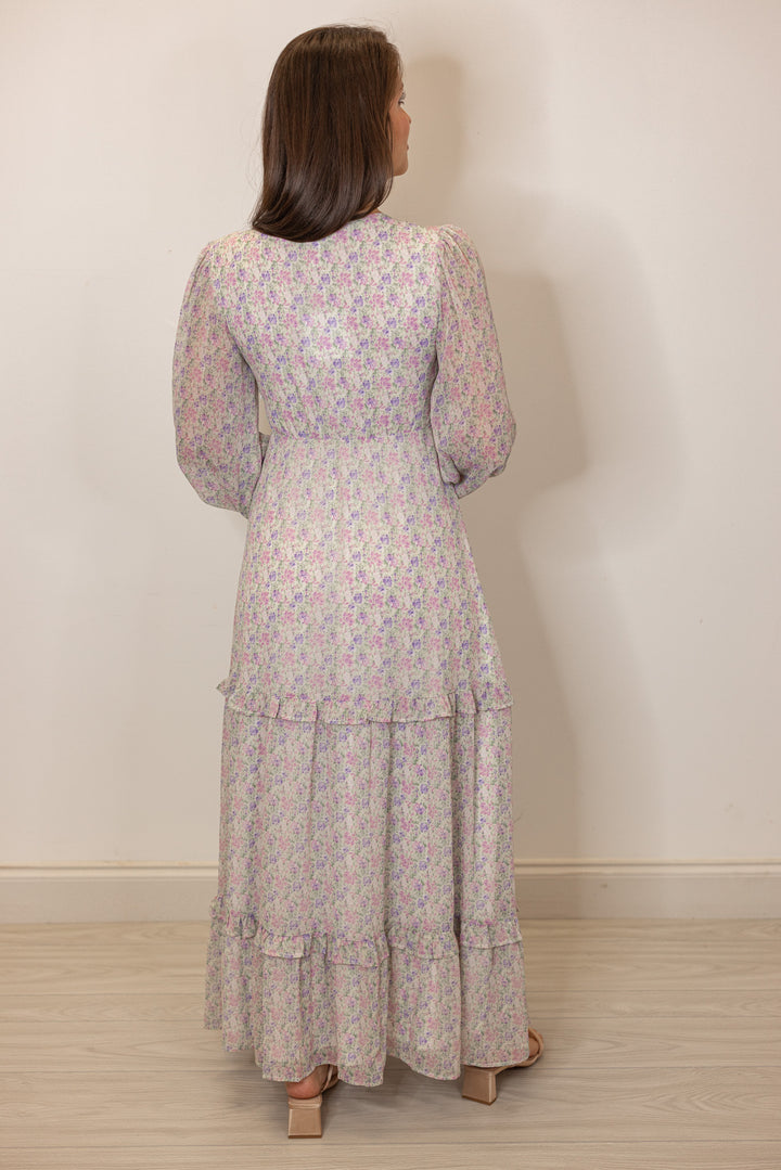 pink lavender floral plunge neckline maxi dress