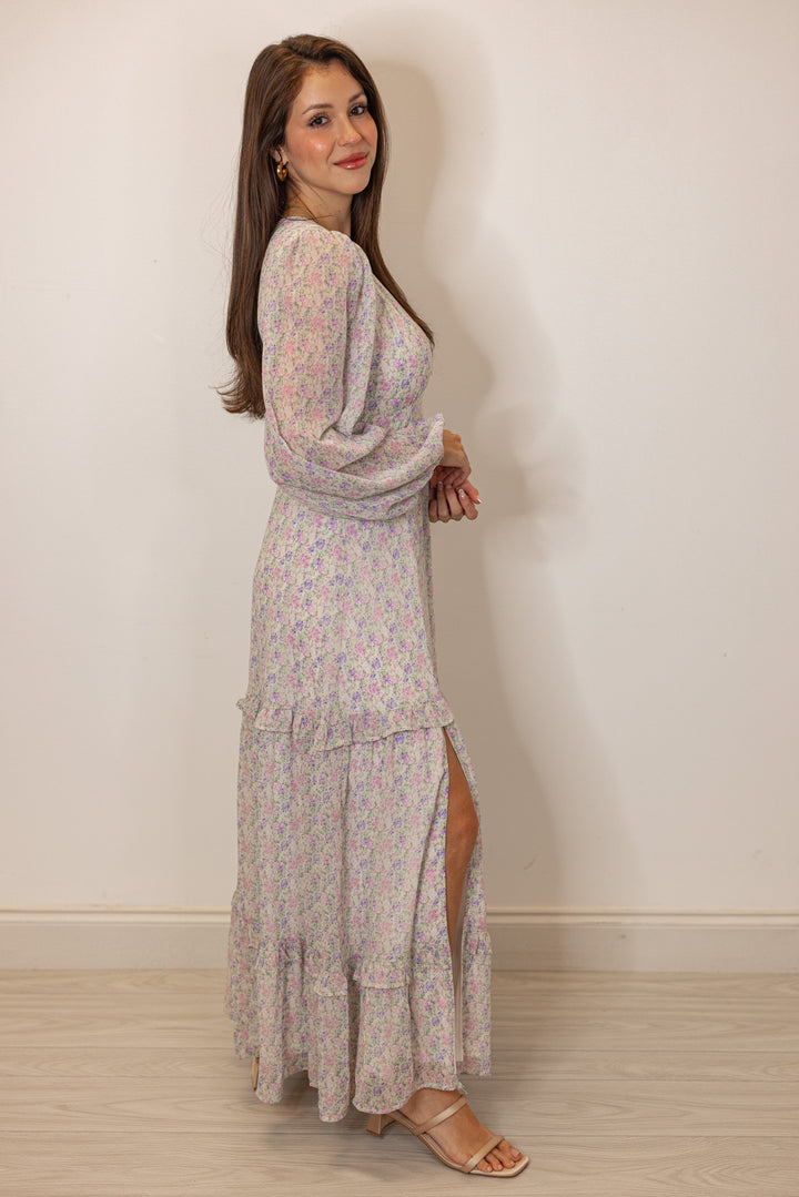 pink lavender floral plunge neckline maxi dress