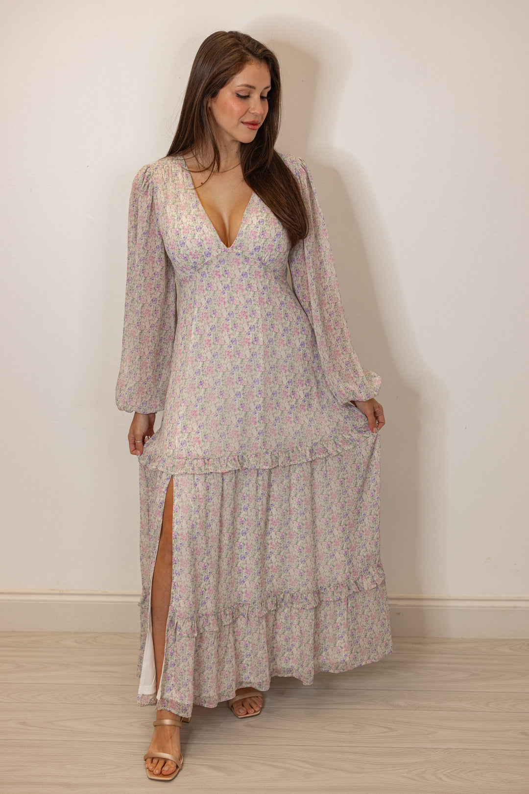 pink lavender floral plunge neckline maxi dress