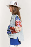 Davi & Dani Light blue denim jacket with multicolor floral print sweater sleeves