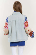 Davi & Dani Light blue denim jacket with multicolor floral print sweater sleeves