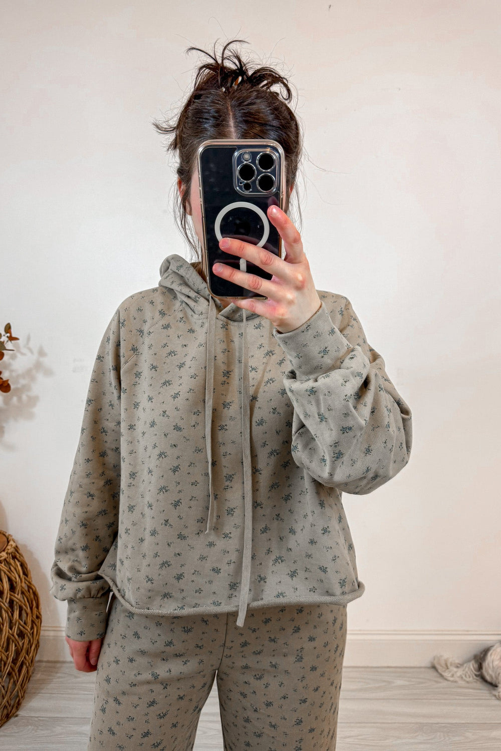 floral print tan blue matching sweatshirt pants set hoodie