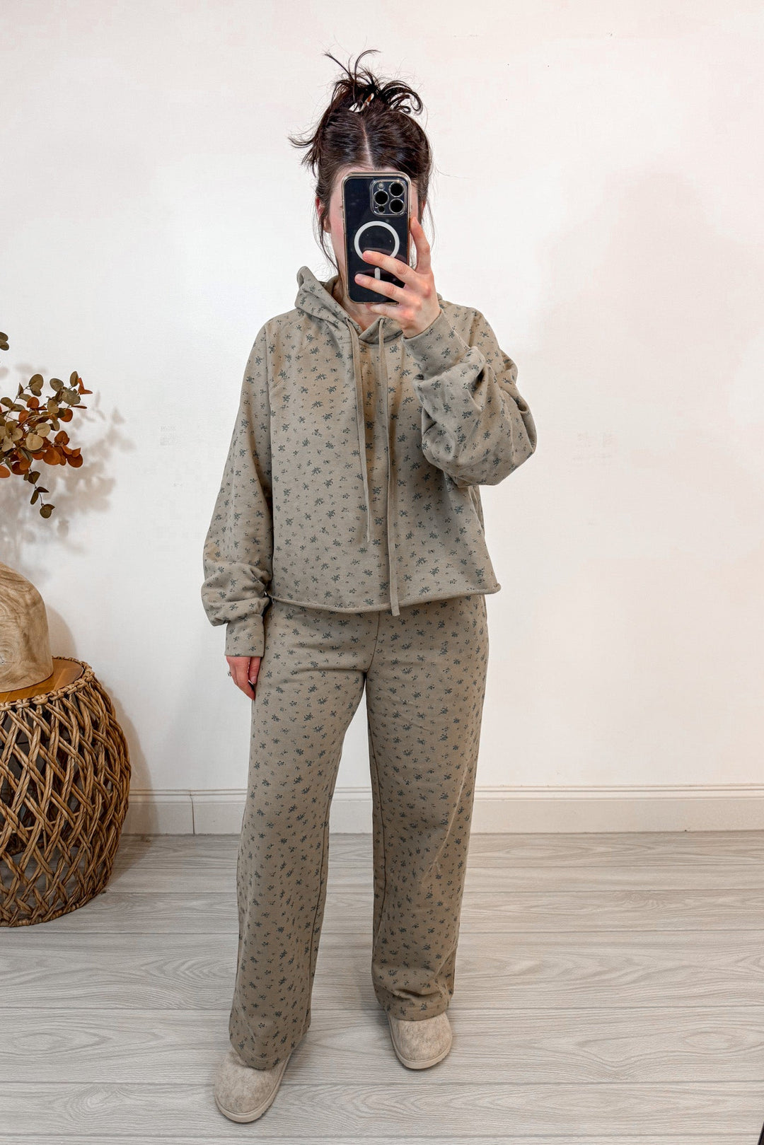 floral print tan blue matching sweatshirt pants set full body