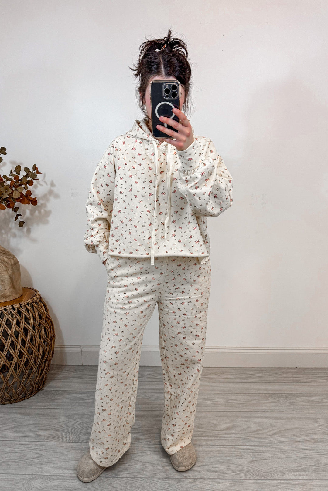 floral print cream print matching sweatshirt pants set pockets
