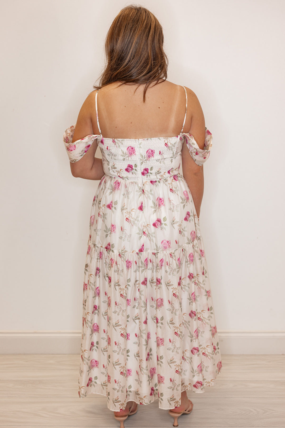 Off white with pink floral print event dress for women and teens. Semi formal Summers events dress. 