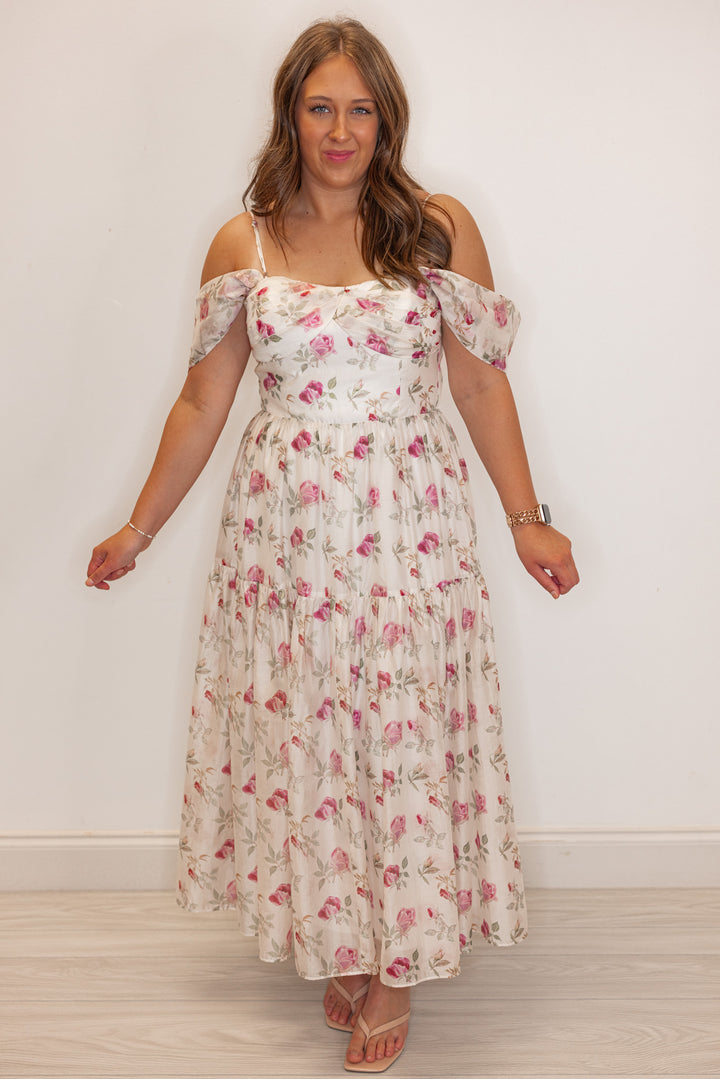 Off white with pink floral print event dress for women and teens. 