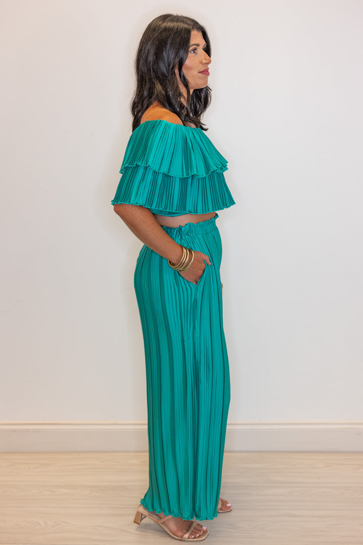 teal satin pleated dressy pants set side