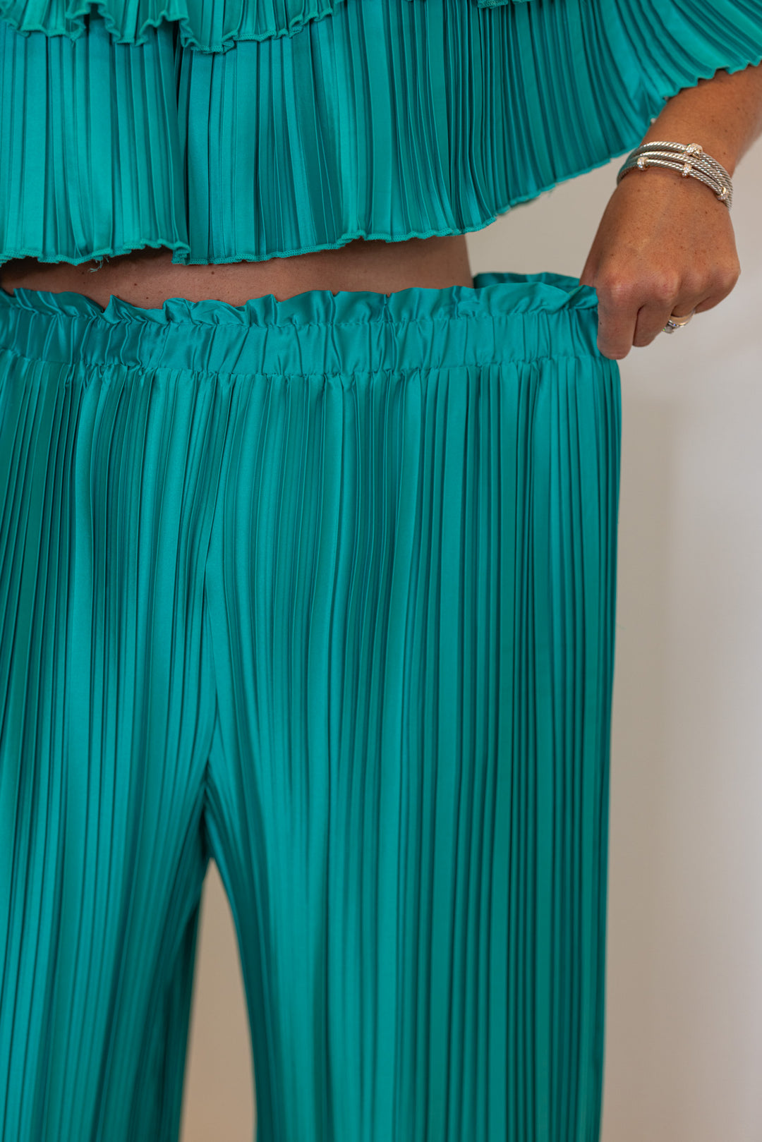 teal satin pleated dressy stretch waist pants set