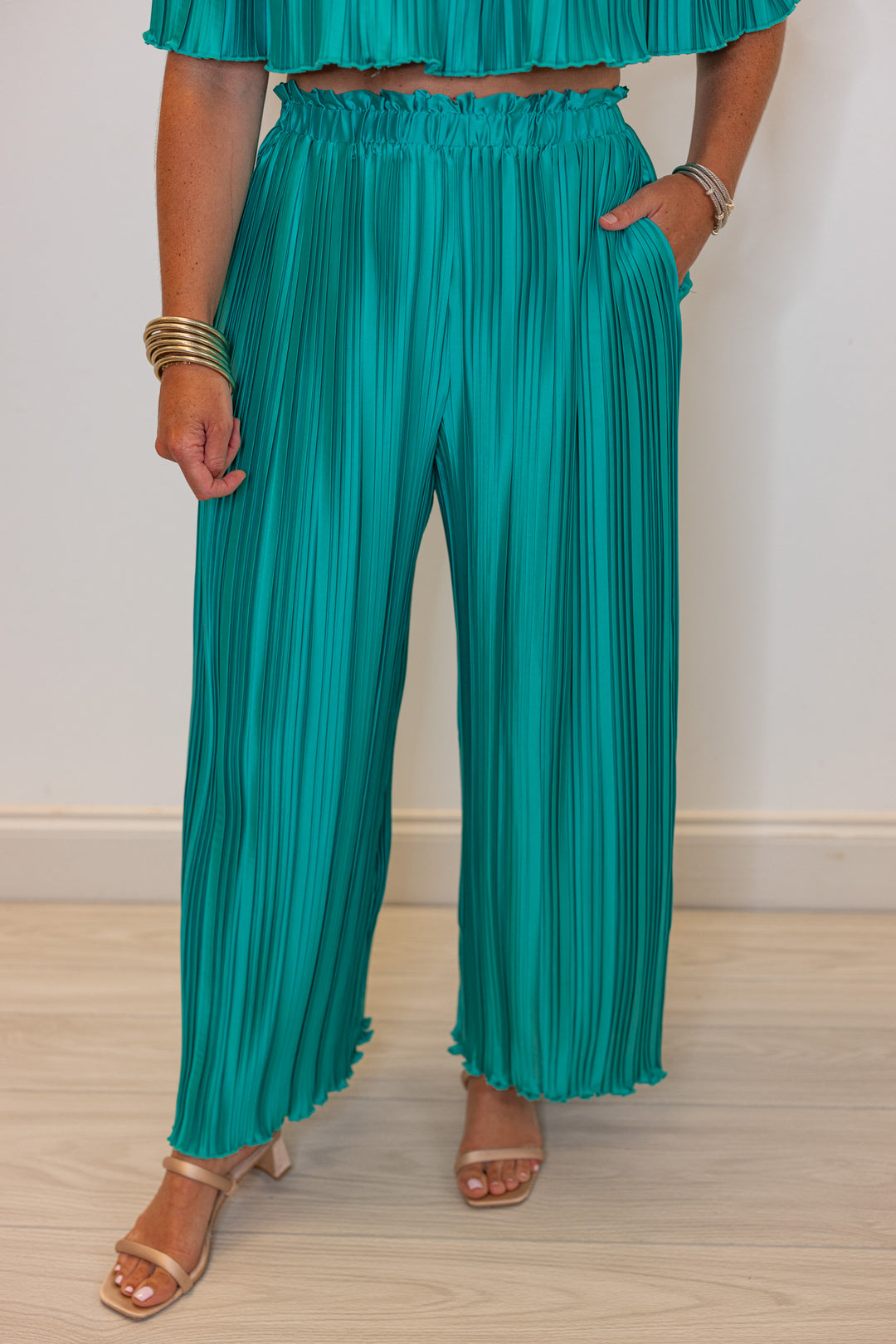 teal satin pleated dressy wide leg pants