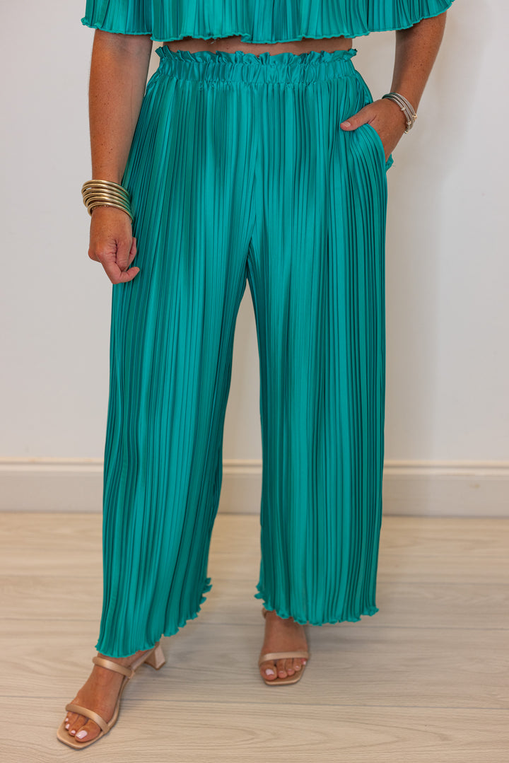 teal satin pleated dressy wide leg pants