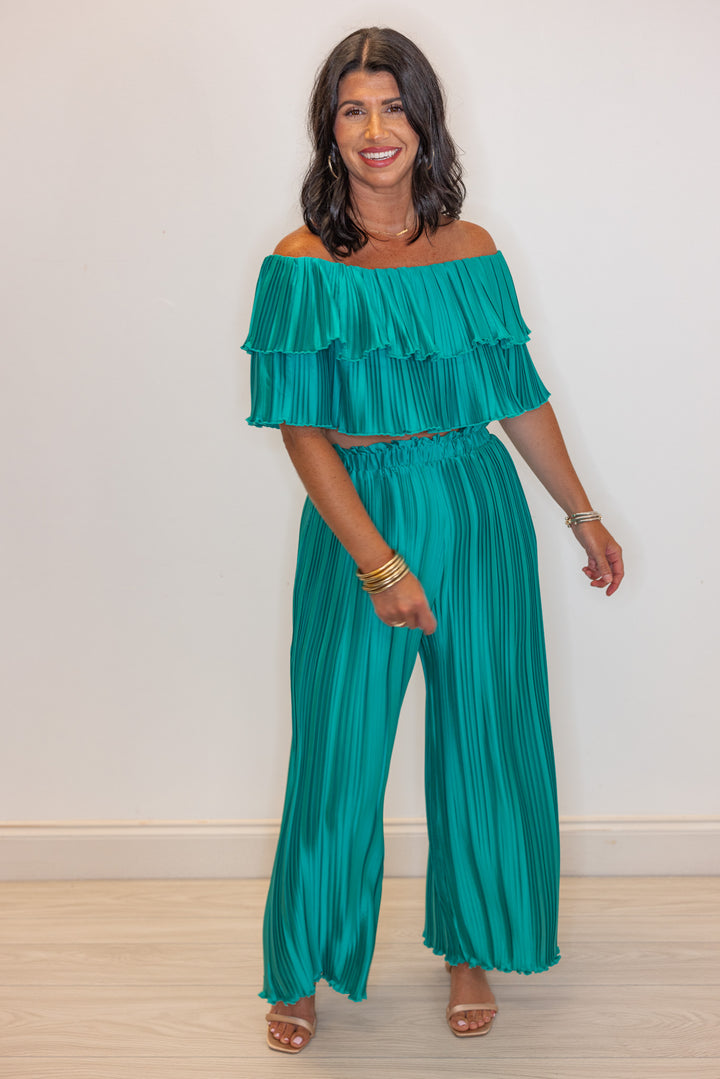 teal satin pleated ruffle matching outfit