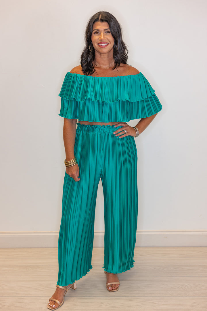 teal satin pleated dressy pants set