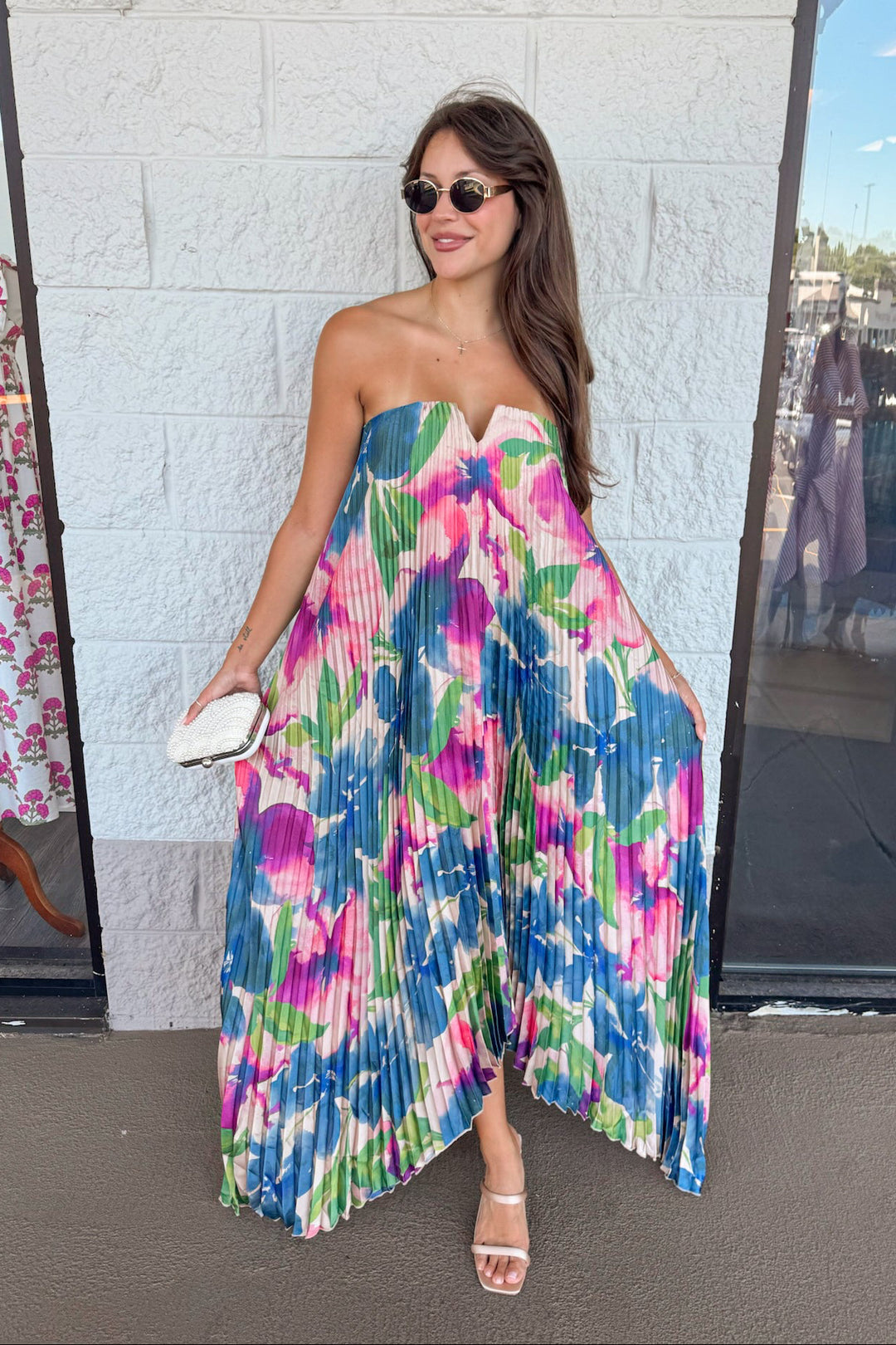 strapless pleated satin midi dress with watercolor floral print