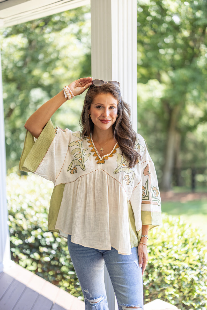 olive embroidered boho fall top